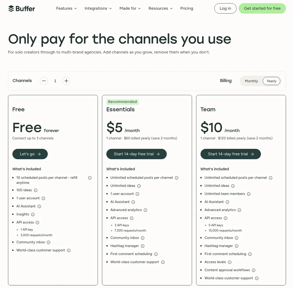 The Buffer pricing page, read on 21 October 2026