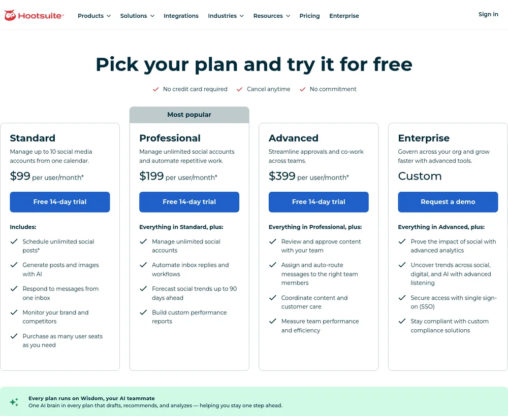 The Hootsuite pricing page, read on 21 October 2026