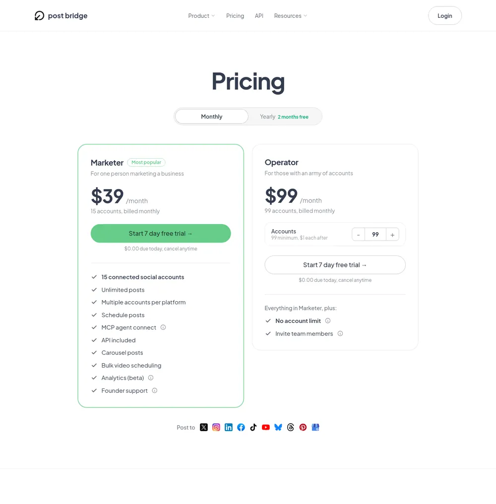 The Post Bridge pricing page, read on 21 October 2026