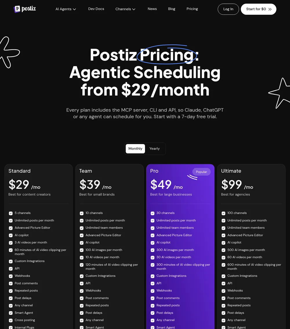 The Postiz pricing page, read on 21 October 2026