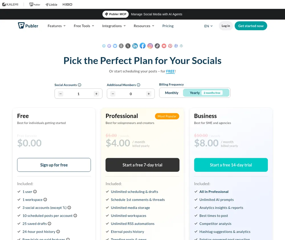 The Publer pricing page, read on 21 October 2026