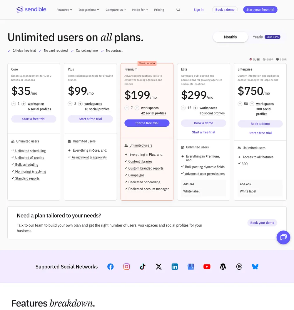 The Sendible pricing page, read on 21 October 2026
