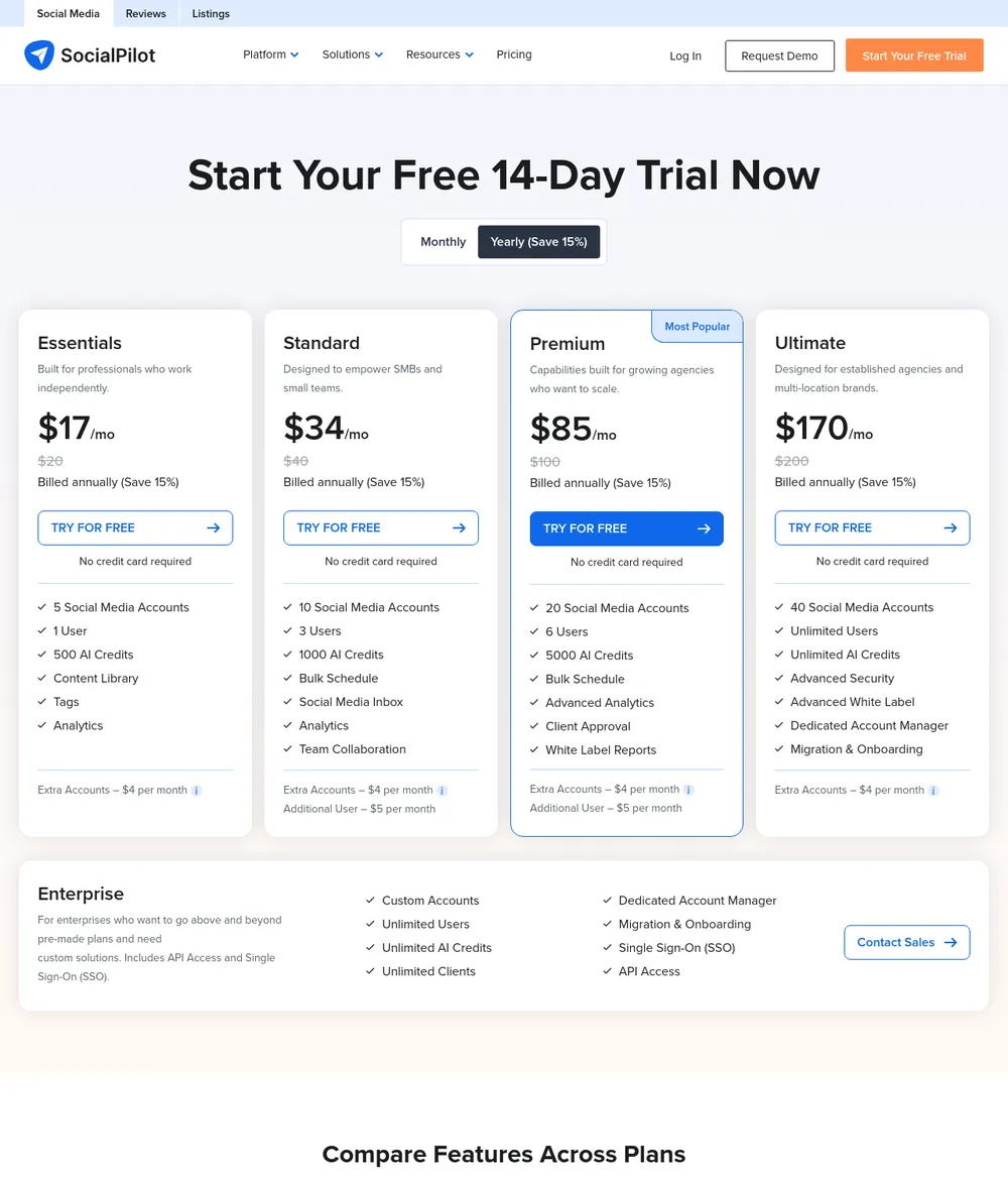 The SocialPilot pricing page, read on 21 October 2026