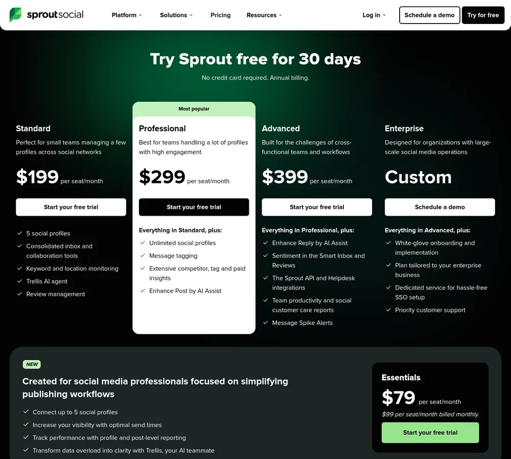 The Sprout Social pricing page, read on 21 October 2026