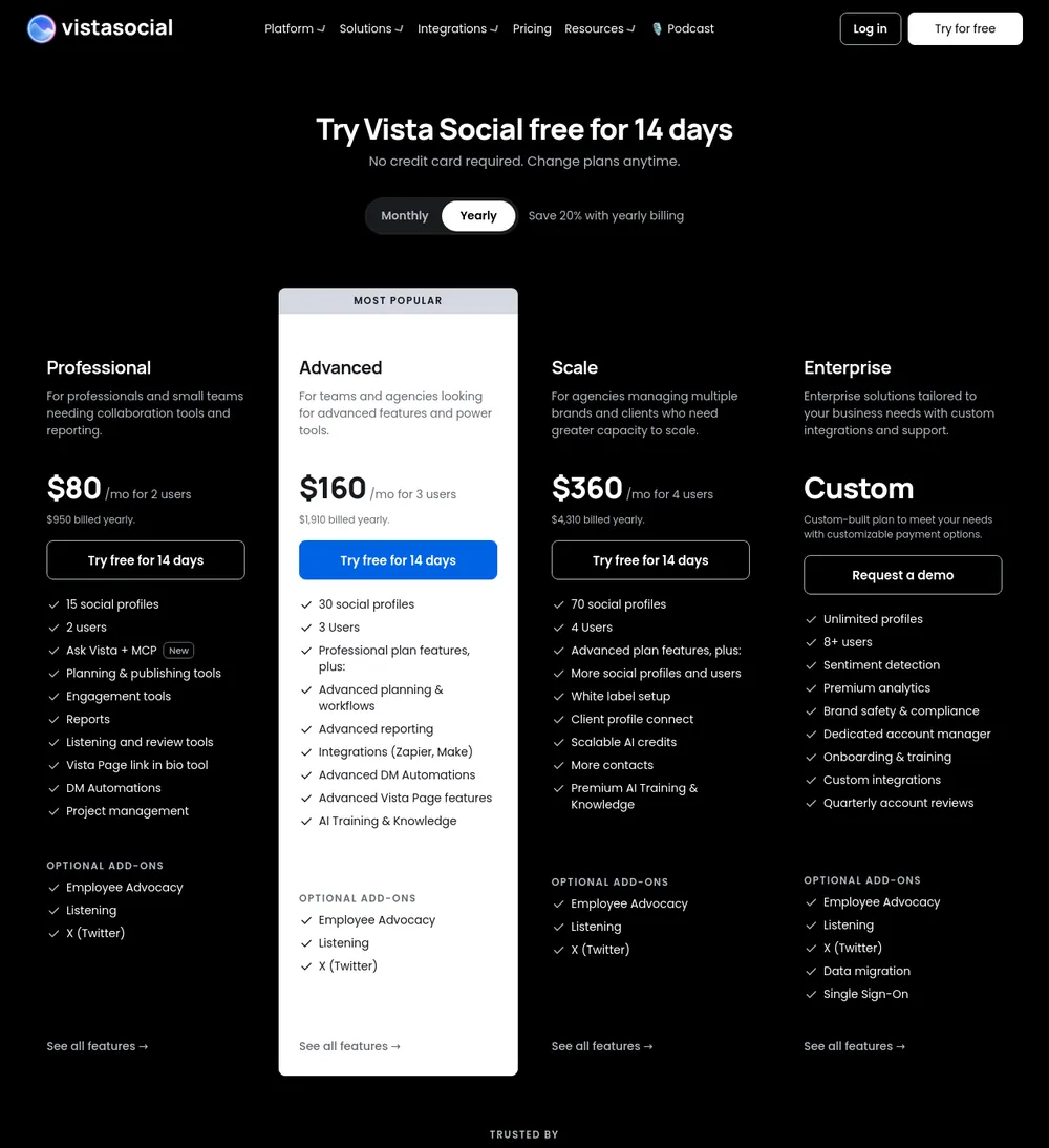 The Vista Social pricing page, read on 21 October 2026